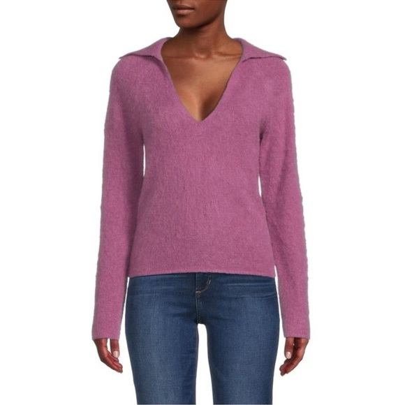 VINCE Brushed V Neck Polo Alpaca & Wool-Blend Sweater in Pink Sz. Small - Picture 1 of 11